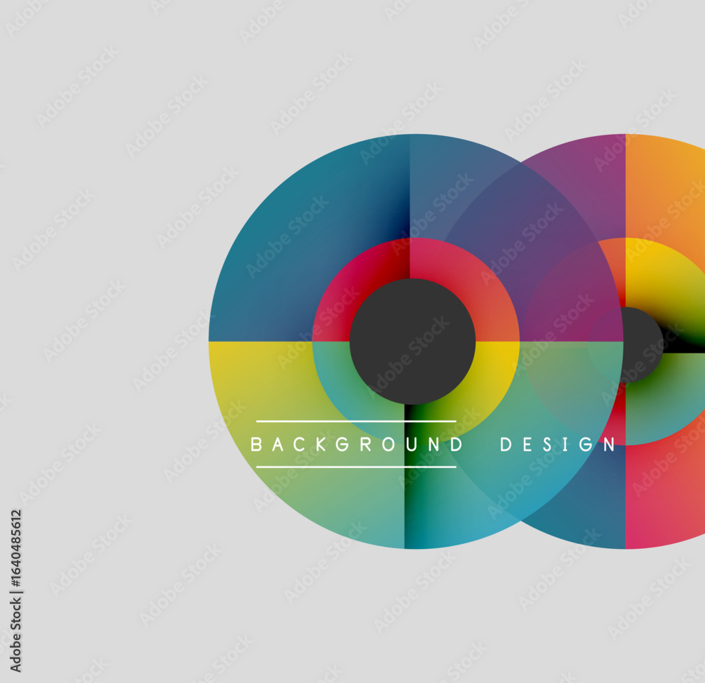 Poster abstract circles overlap, creating vibrant color blocks. background features text background design.
