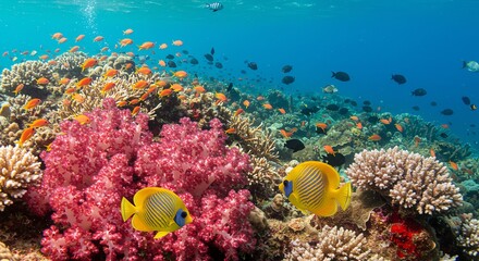 Naklejka premium Colorful Coral Reef with Tropical Fish Underwater Scene