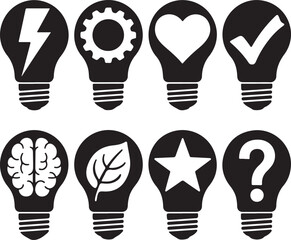 Eight Lightbulb Icons With Symbols lightning bolt gear