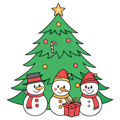 Three smiling snowmen stand before a decorated Christmas tree with a gift, on transparent backdrop