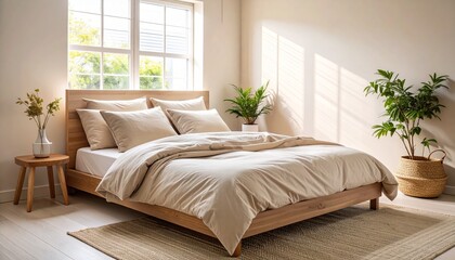 A sunlit modern bedroom with a wooden bed, beige linens, and indoor plants by a large window.