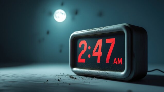 Retro digital clock displaying 2:47 AM in a dimly lit room.