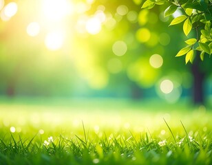 Obraz premium Sunlit spring meadow with fresh green grass and soft bokeh background