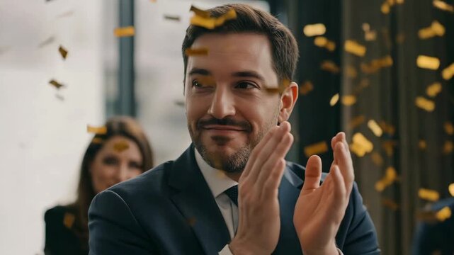 Smiling businessman clapping hands amidst falling golden confetti during a successful corporate event