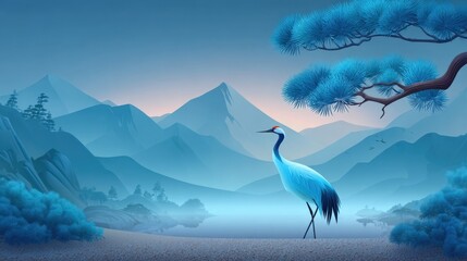 A serene landscape featuring a blue crane,mountains,and a stylized blue tree,evoking tranquility.
