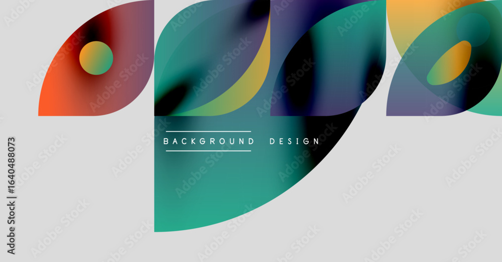 Poster abstract shapes overlap, creating vibrant color gradients. minimalist design with text elements back
