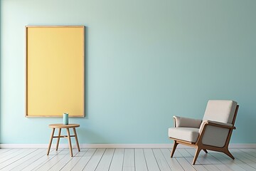 Empty room with a mustard yellow framed picture and a light beige armchair.