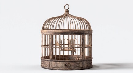 Rusty birdcage on plain background