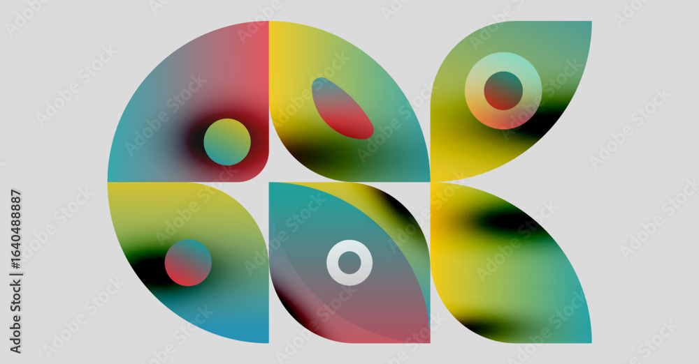 Poster abstract colorful shapes form complex design. gradient hues blend, creating dynamic visual compositi