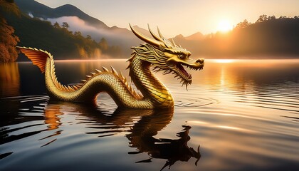 dragon sculpture floating above calm lake at sunrise__ 