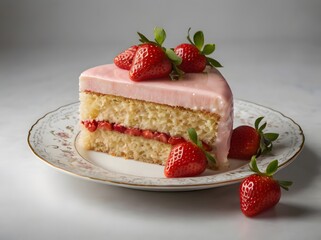 A slice of strawberry cake layered with cream and topped with fresh strawberries, served on a white plate