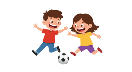 Two happy children, a boy and a girl, are playing soccer with a black and white ball, running and smiling on a white background.