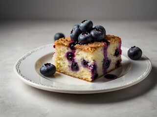 A delicious slice of blueberry cake topped with fresh blueberries, served on a white plate with a light background.