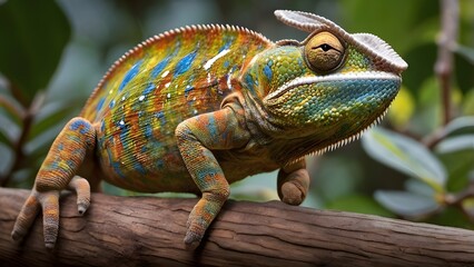 Obraz premium A close-up of a vibrant chameleon resting on a branch, showing its unique textures and striking colors against a natural green background.