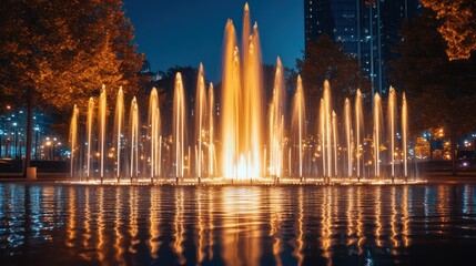 Illuminated fountain at night casting vibrant reflections in tranquil city lake