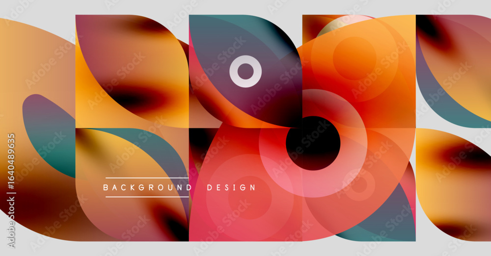 Poster abstract colorful shapes overlap, creating dynamic composition. warm tones dominate, with hints cool
