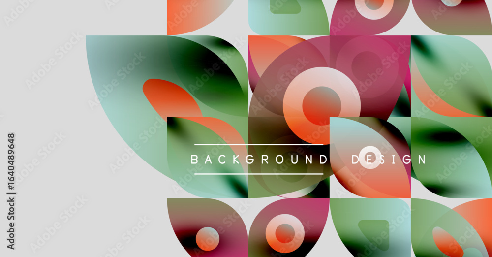 Poster abstract geometric shapes overlap, creating vibrant colorful background. modern design features soft