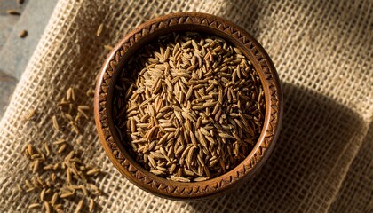 Dried whole cumin seeds in a rustic brown bowl placed on a textured burlap cloth.