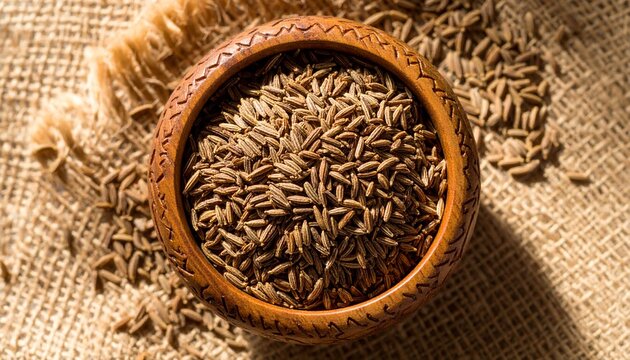Whole cumin seeds in a rustic carved wooden bowl on a burlap background.