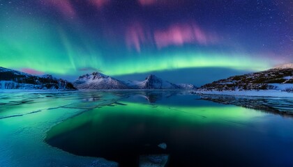 Naklejka premium lights over icy landscape with calm water reflection__ 