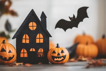 Halloween decoration with pumpkins, haunted house and bat on wooden table