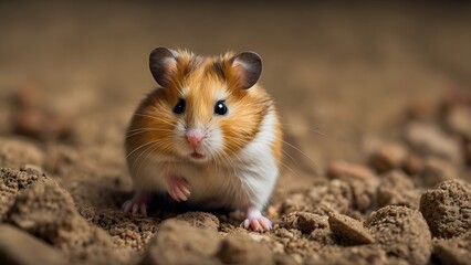 Adorable hamster with golden and white fur, showing tiny paws and whiskers in warm lighting.