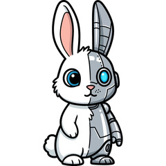A cute cartoon illustration of a futuristic cyborg rabbit, half organic and half mechanical robot.