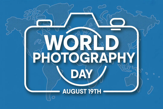 World Photography Day August 19th with camera outline and world map on blue background image photo