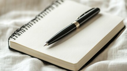 A black pen rests on an open, blank notebook, symbolizing creativity and the potential for new ideas.