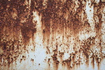 Abstract background of a corroded metal sheet. Grungy texture with dripping rust streaks over a weathered white surface, showing age and decay detail.

