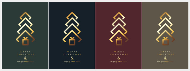 Christmas, New Year and Happy Holidays invitation design vector. Season's Greeting Card. Christmas tree with golden shiny gradient. 
