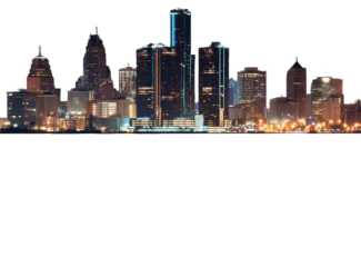 Night cityscape skyline, illuminated buildings