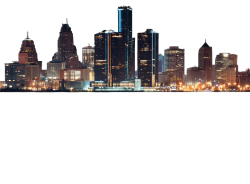 Night cityscape skyline, illuminated buildings