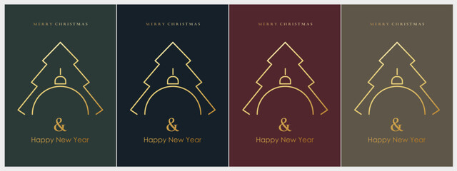 Christmas, New Year and Happy Holidays invitation design vector. Season's Greeting Card. Christmas tree with golden shiny gradient. 