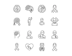 Line icon set for Alzheimer's & Brain Awareness. It features icons like Alzheimer, brain disease, Savant syndrome, mental disabilities, Down syndrome, and more.

