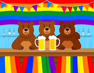 Three charming cartoon bears enjoying beer at a vibrant pride celebration