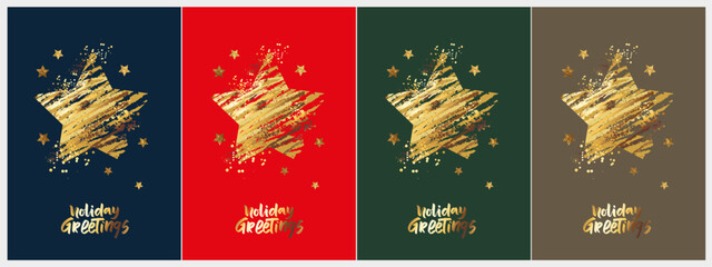 Christmas, New Year and Happy Holidays invitation design vector. Season's Greeting Card. Christmas star with golden shiny gradient. 