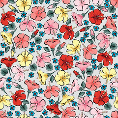 Seamless pattern of Hibiscus flower hand draw by painting application.The EPS file is vector and can be edited shape, layout and background color.