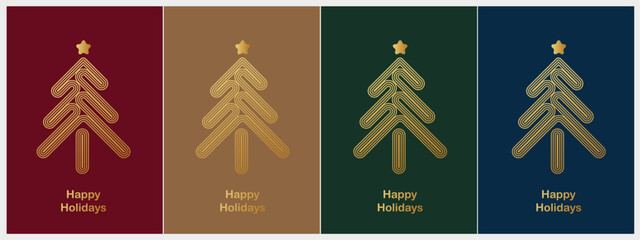 Christmas, New Year and Happy Holidays invitation design vector. Season's Greeting Card. Christmas tree with golden shiny gradient. 