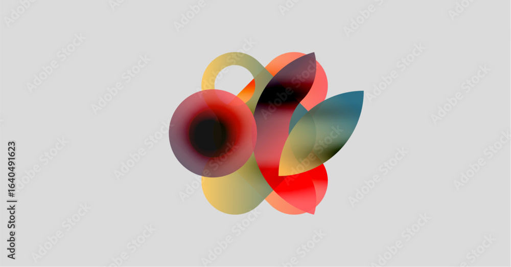 Poster abstract shapes overlap, creating vibrant color blends. soft gradients suggest depth, texture, moder