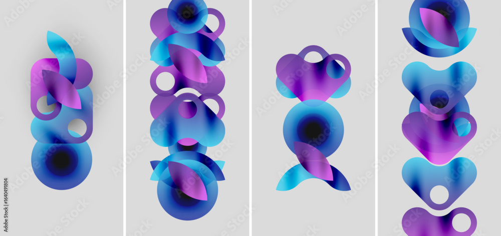 Poster abstract shapes, vibrant blues, purples. fluid forms overlap, creating dynamic compositions. minimal