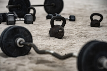 Natural workout. Gym weights outdoors. Summer training. Barbell and dumbbell set. Exercise outdoors...