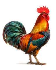 Fototapeta premium A vibrant rooster stands against a white background showcasing its colorful plumage and majestic presence