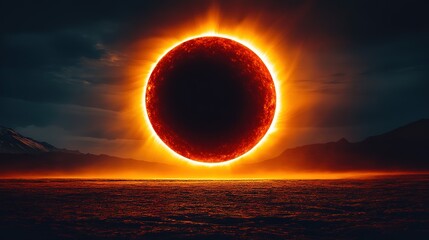 Glowing ring surrounds a dark circle over a landscape with a dark sky.