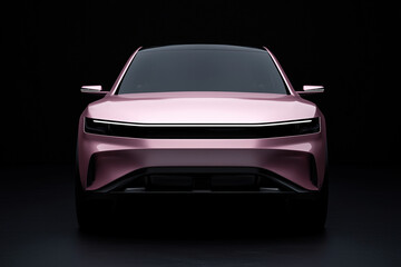 Front view of modern pink electric SUV with sleek LED headlights, futuristic automotive design on dark background