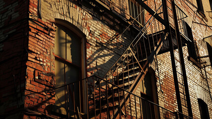 "Fire escape shadows creating order on chaotic brick facade 