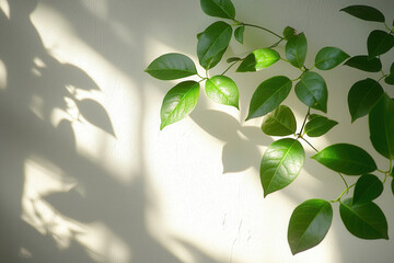 Vibrant green leaves casting shadows on sunlit wall create serene and natural atmosphere. play of light and shadow highlights leaves texture and shape