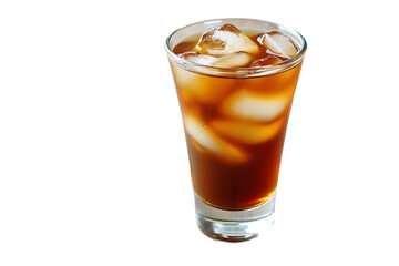 Glass of cold cola with ice cubes refreshing beverage isolated on white background