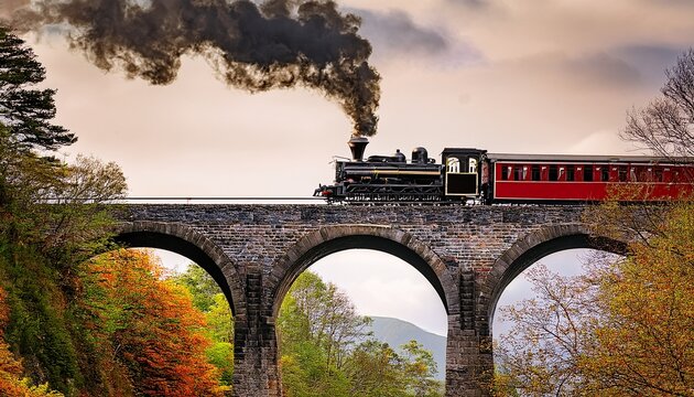 steam train crossing over an arched stone bridge__ 