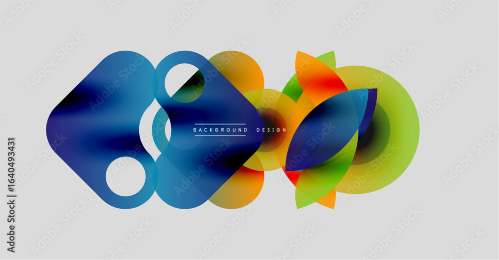 Poster abstract colorful shapes overlap, creating dynamic visual effect. gradient hues blend smoothly, form